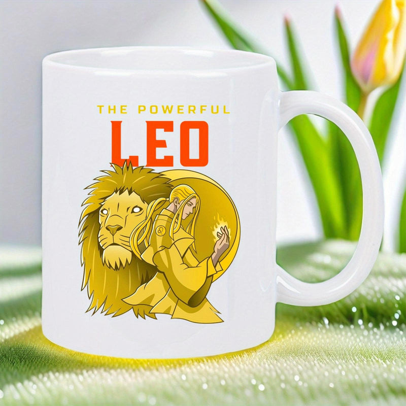 Tailorly White Ceramic 11 oz Mug - The Powerful Leo Majestic Golden Lion With Roaring Mane Beside A Mystical Robed Figure Lion