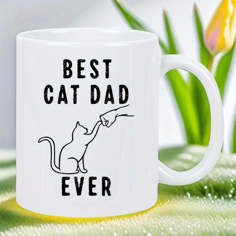 Tailorly White Ceramic 11 oz Mug - Best Cat Dad Ever Minimalist Line Art Drawing Showing Cat Doing Fist Bump With Owner Cat