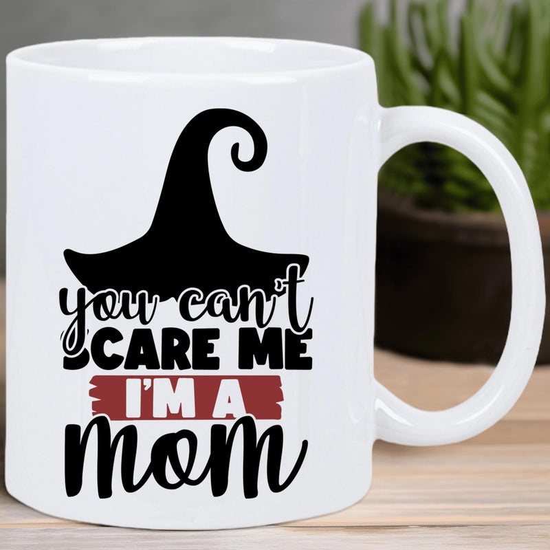 Tailorly White Ceramic 11 oz Mug - You Cant Scare Me Im A Mom Classic Black Witch Hat Silhouette Paired With Bold Modern Stylized Lettering Hat