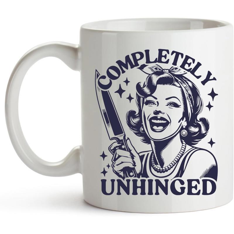 Tailorly White Ceramic 11 oz Mug - Completely Unhinged Retro Style Vintage Housewife Holding A Large Sharp Kitchen Knife Woman