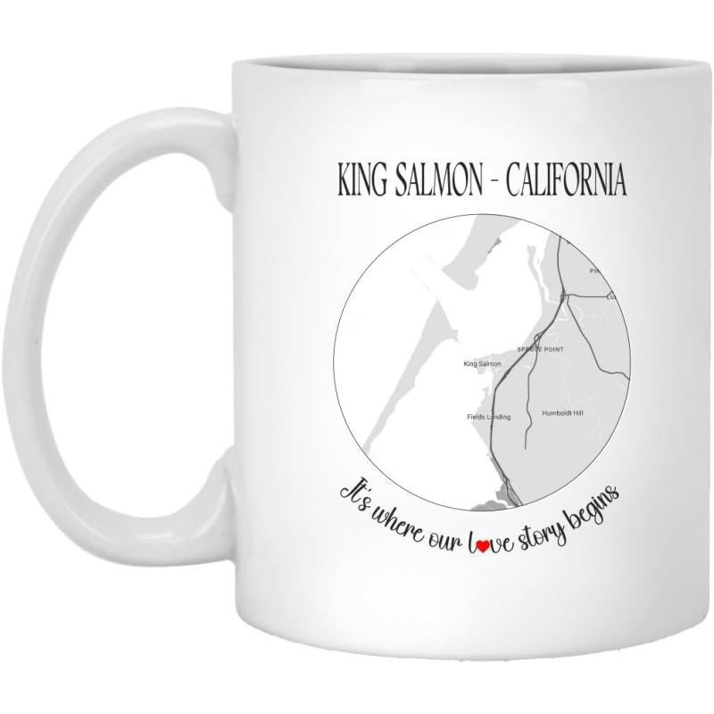 Tailorly White Ceramic 11 oz Mug - King Salmon California Its Where Our Love Story Begins Minimalist Line Drawing Of Regional Geography Within A Circular Frame Map