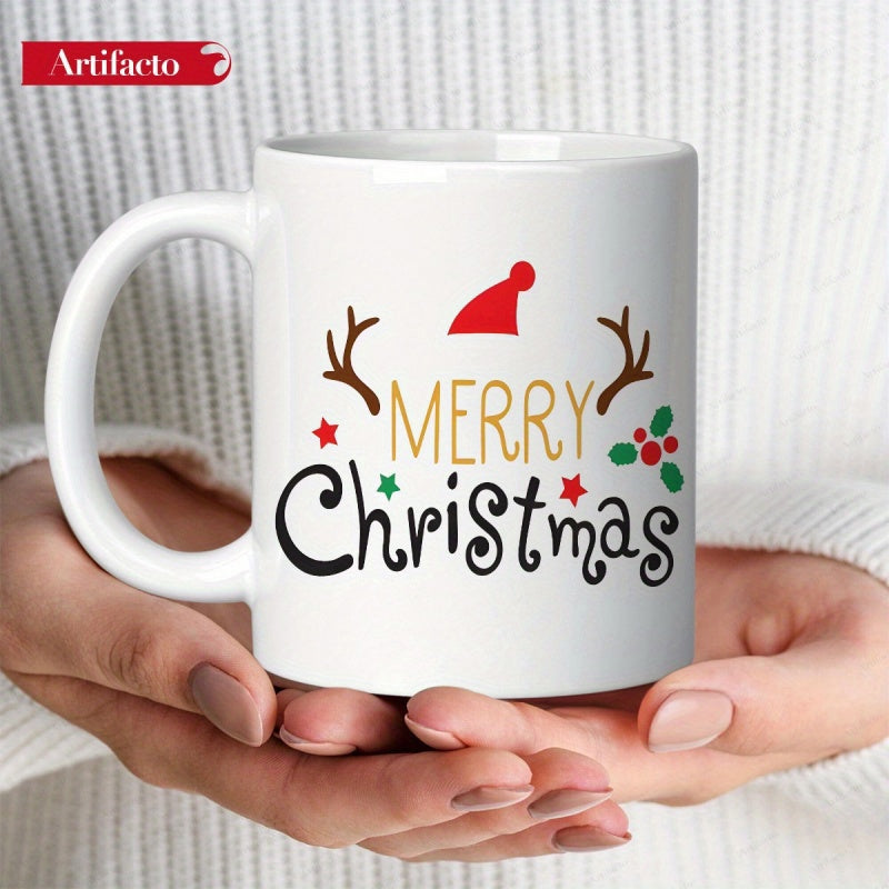 Tailorly White Ceramic 11 oz Mug - Merry Christmas Festive Reindeer Antlers And Santa Hat Among Holly Berries Sign