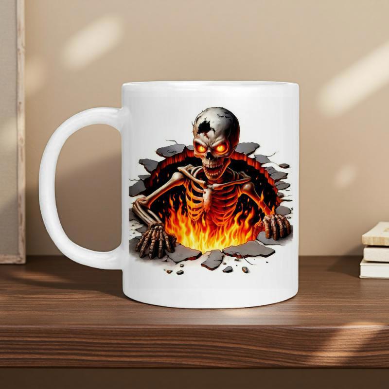 Tailorly White Ceramic 11 oz Mug - Intense Flaming Undead Creature Rising From Shattered Gray Stone Floor Skeleton