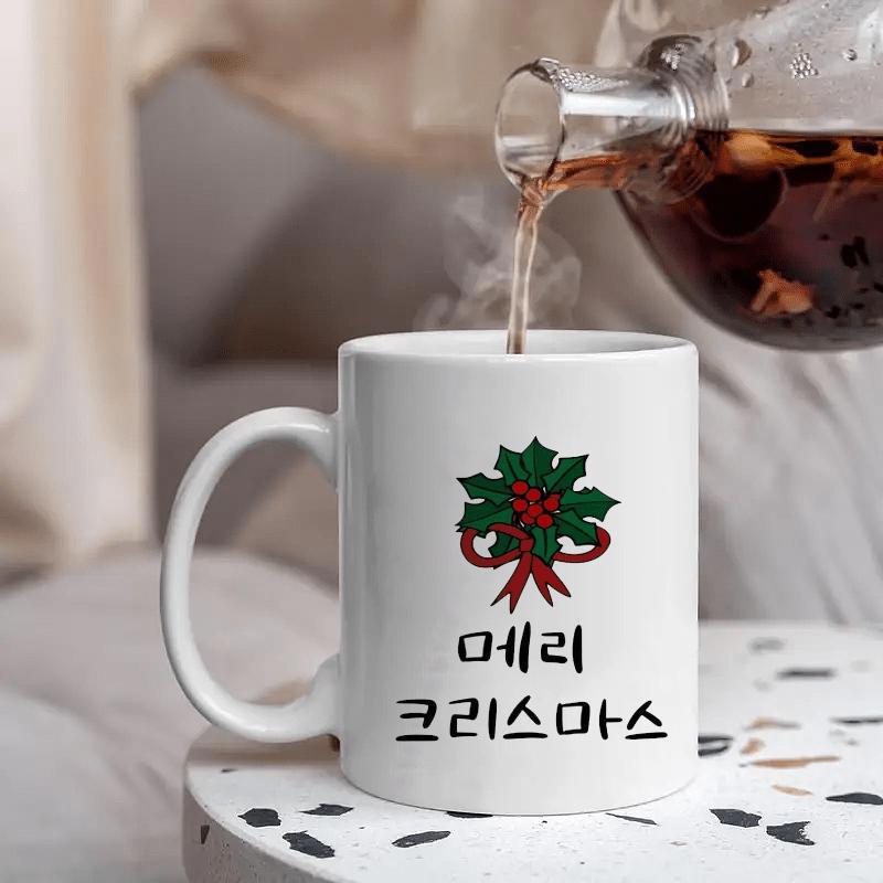Tailorly White Ceramic 11 oz Mug - Festive Holiday Green Leaves With Red Berries Tied In Red Ribbon Holly