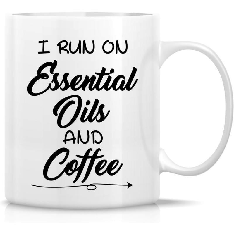 Tailorly White Ceramic 11 oz Mug - I Run On Essential Oils And Coffee Clean Black Typography Design Featuring Simple Looped Directional Arrow Graphic Mug