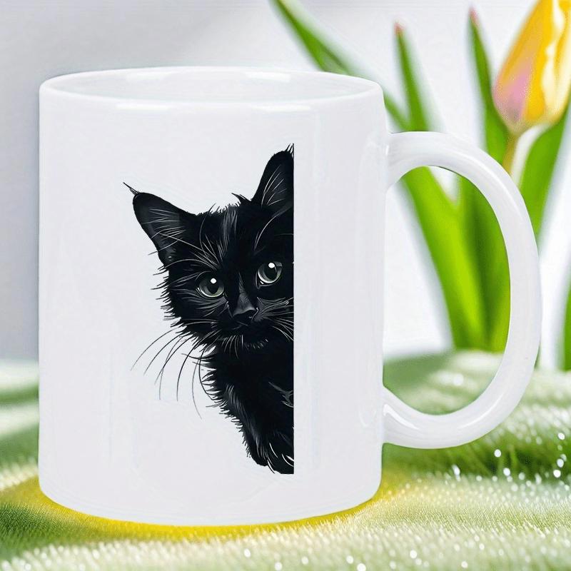 Tailorly White Ceramic 11 oz Mug - Curious Peeking Black Feline With Big Eyes Hiding Behind Wall Cat