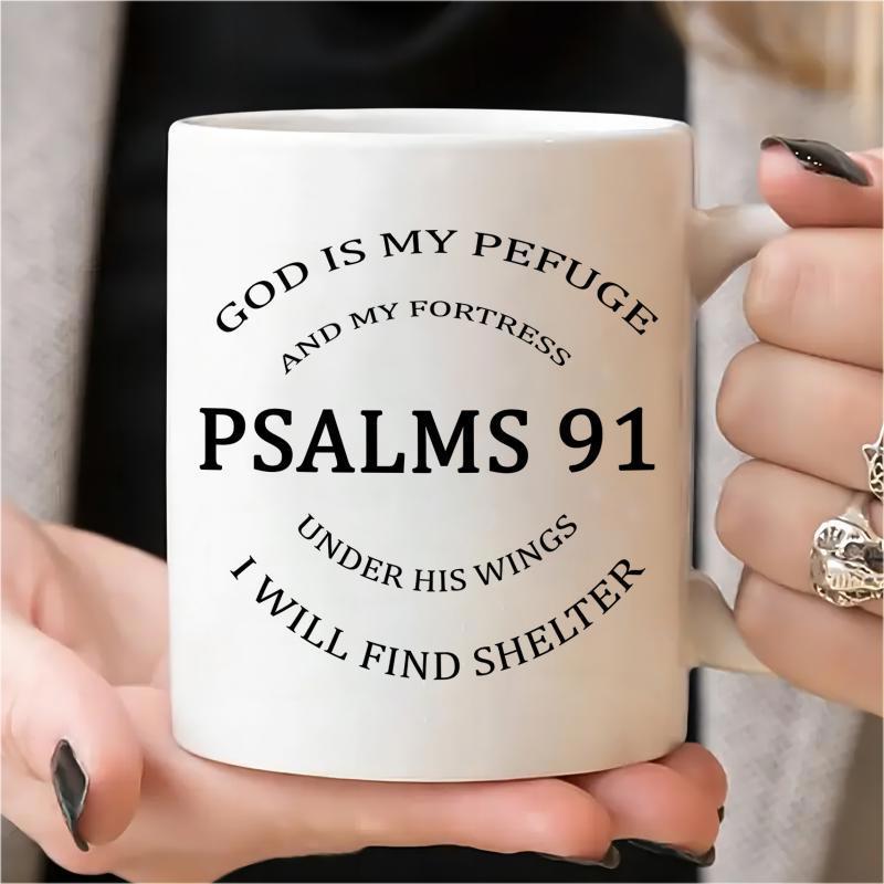 Tailorly White Ceramic 11 oz Mug - God Is My Refuge And My Fortress Psalms 91 Under His Wings I Will Find Shelter Clean White Ceramic With Symmetrical Religious