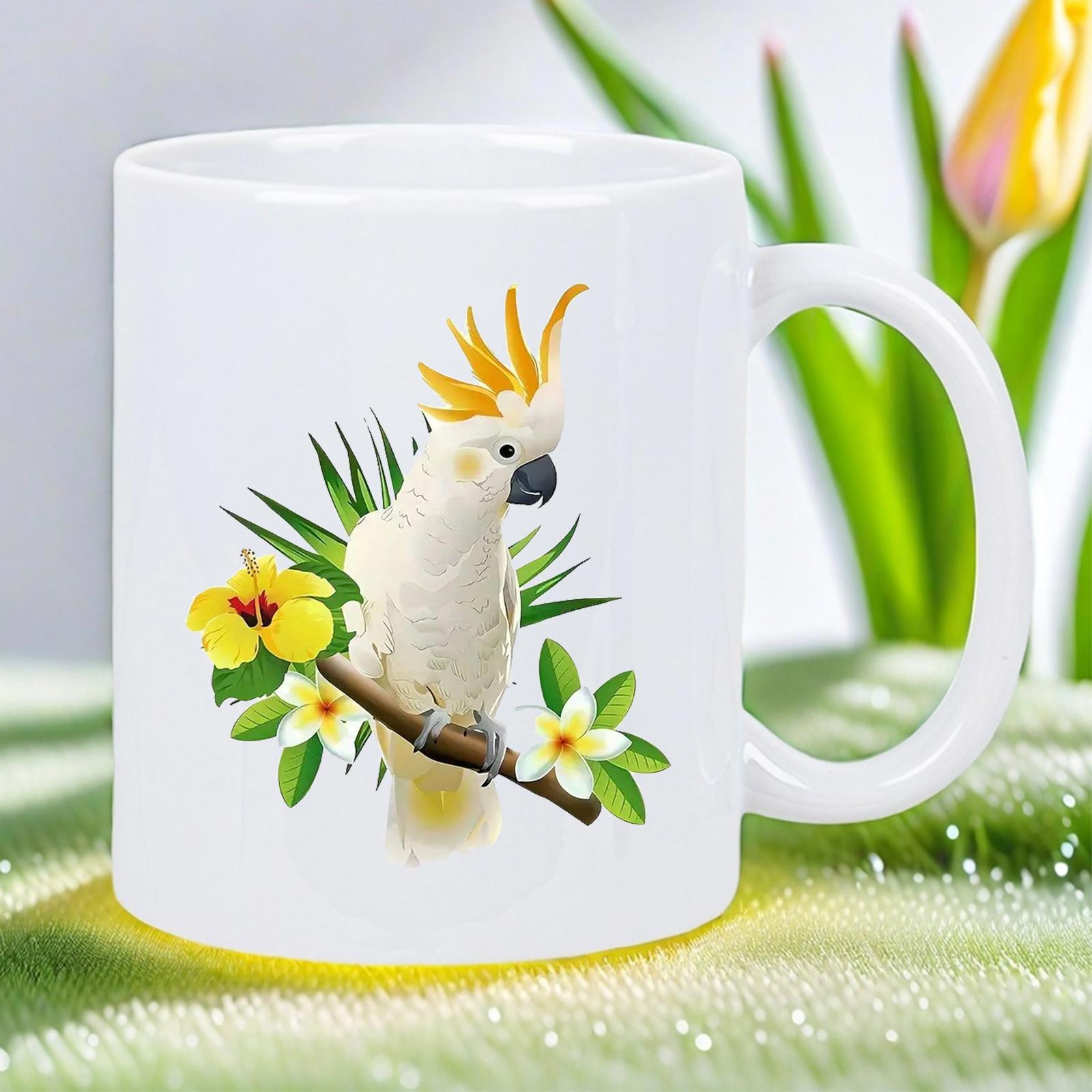 Tailorly White Ceramic 11 oz Mug - Tropical Summer Paradise With Exotic White Bird Among Blooming Hibiscus Flowers Cockatoo