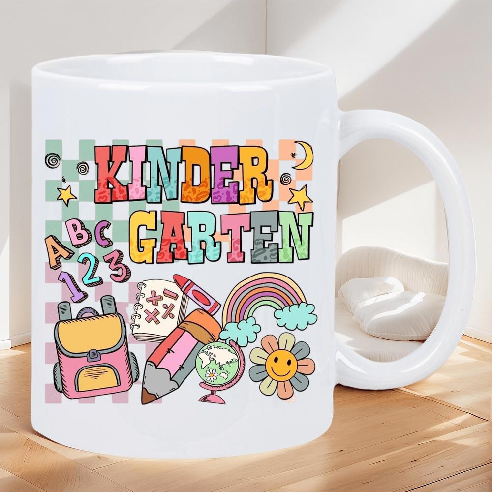 Tailorly White Ceramic 11 oz Mug - Kindergarten Abc Colorful School Supplies With Rainbow Pencil And Globe Among Smiling Flower Backpack