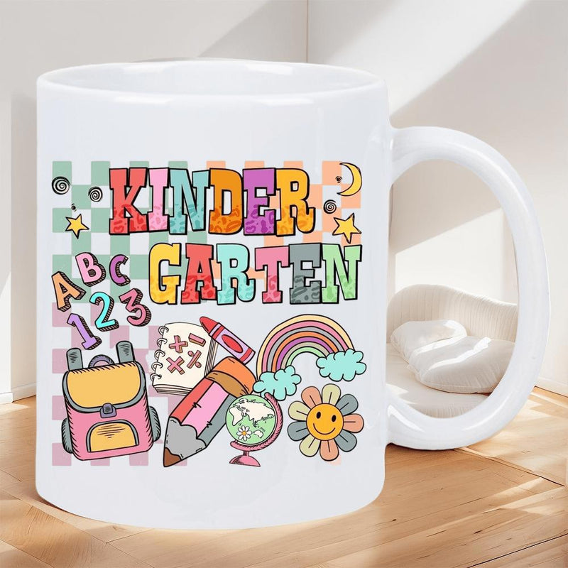 Tailorly White Ceramic 11 oz Mug - Kindergarten Abc Colorful School Supplies With Rainbow Pencil And Globe Among Smiling Flower Backpack