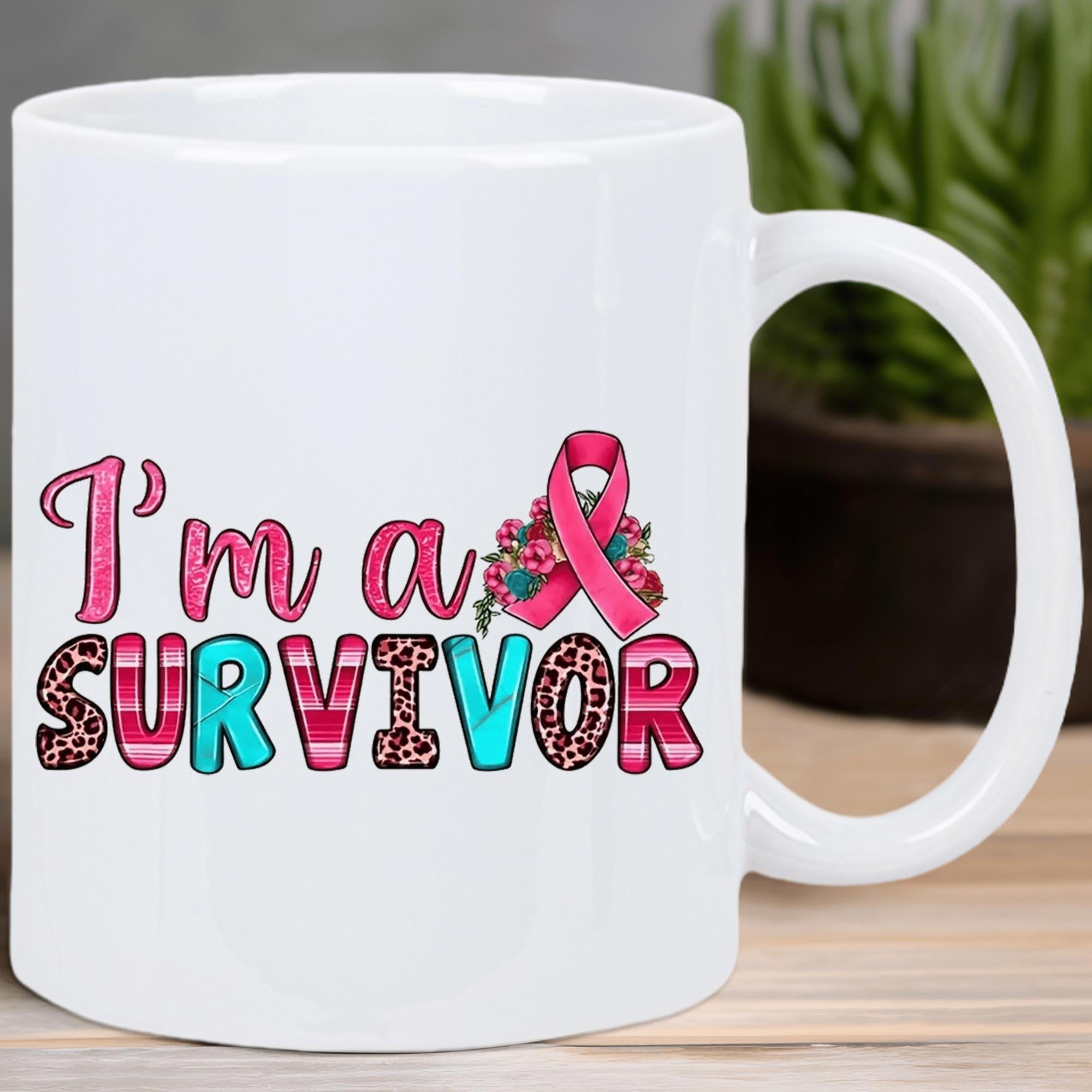 Tailorly White Ceramic 11 oz Mug - I'm A Survivor Pink Awareness Ribbon Decorated With Vibrant Flowers And Patterned Lettering Ribbon