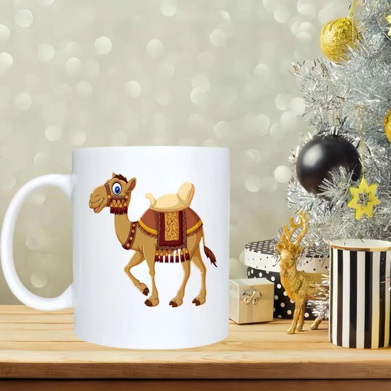 Tailorly White Ceramic 11 oz Mug - Charming Cartoon Character Wearing Ornate Decorative Saddle And Traditional Harness Camel