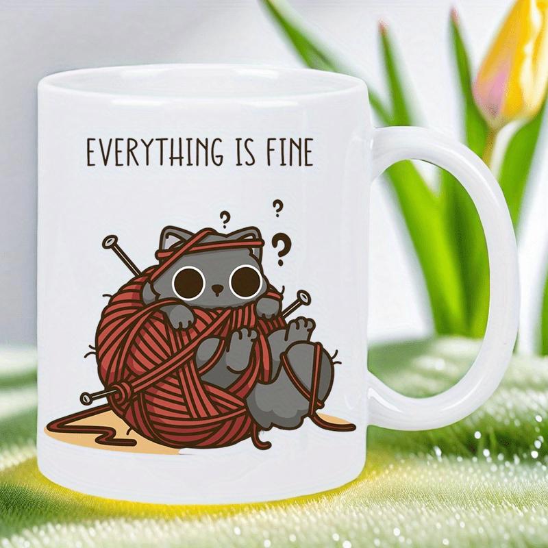 Tailorly White Ceramic 11 oz Mug - Everything Is Fine Curious Little Grey Kitten Tangled Within Large Messy Red Yarn Cat
