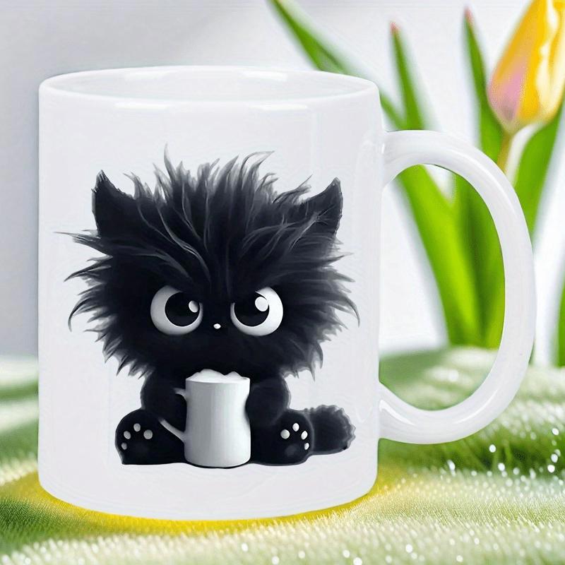 Tailorly White Ceramic 11 oz Mug - Adorable Tiny Black Fluffy Creature Holding A Small White Milk Mug Monster