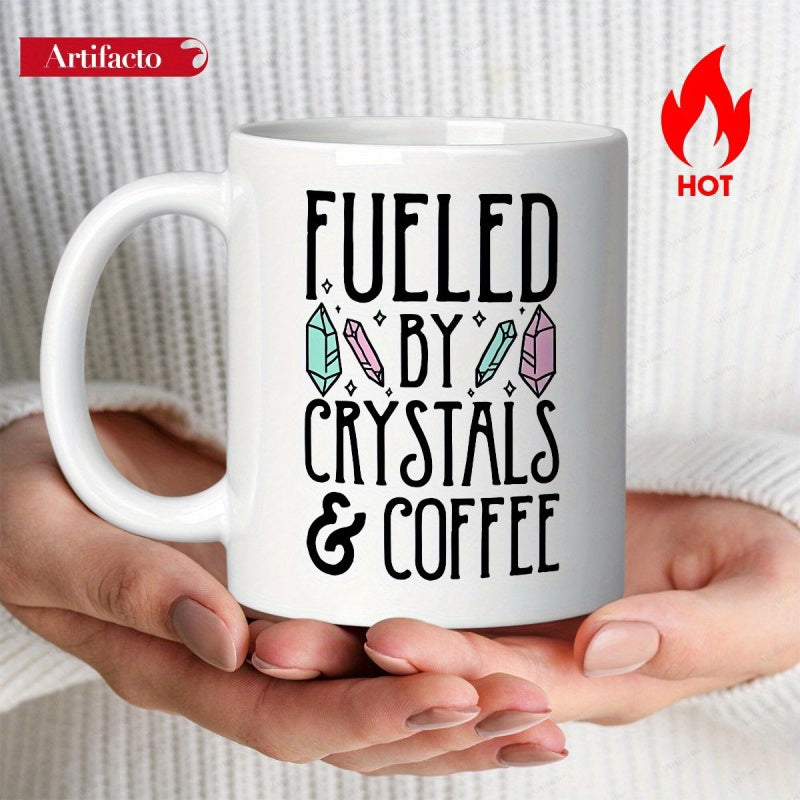 Tailorly White Ceramic 11 oz Mug - Fueled By Crystals Coffee Artistic Vertical Hand Lettering Featuring Four Different Pastel Colored Gemstones Mug