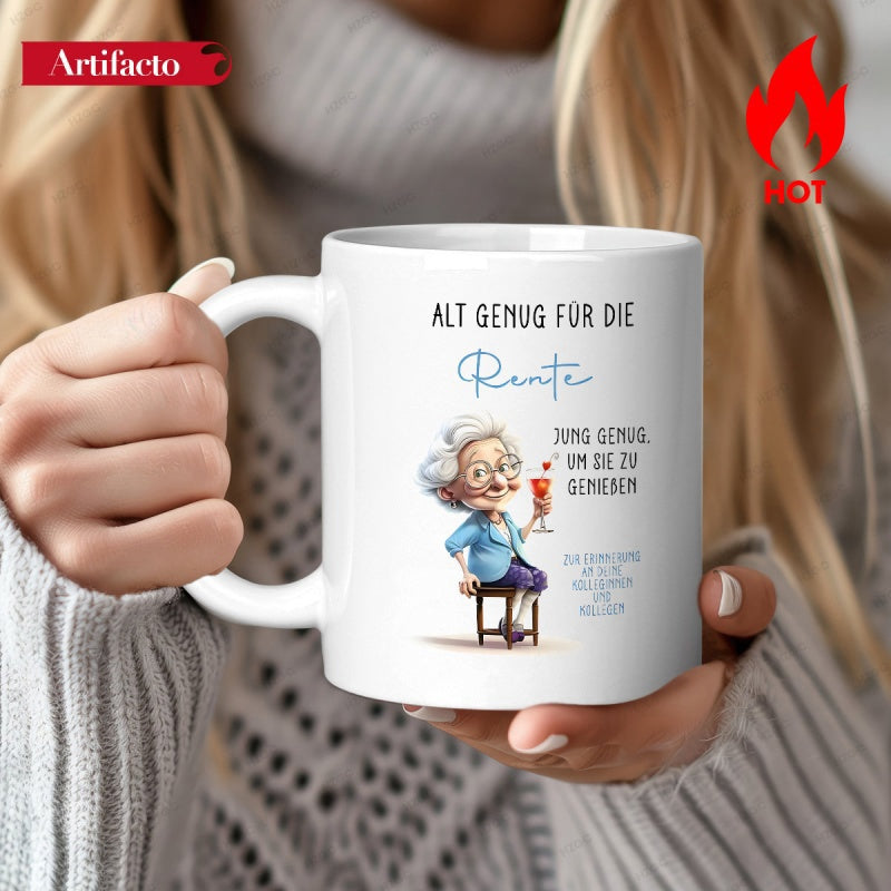 Tailorly White Ceramic 11 oz Mug - Cartoon Senior Lady Enjoying Drink While Sitting On Wooden Stool Grandmother