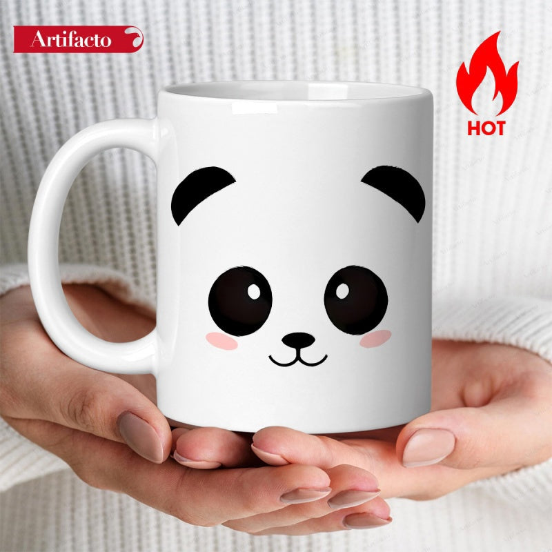 Tailorly White Ceramic 11 oz Mug - Minimalist Adorable Panda Face Featuring Large Eyes With Pink Rosy Cheeks Panda