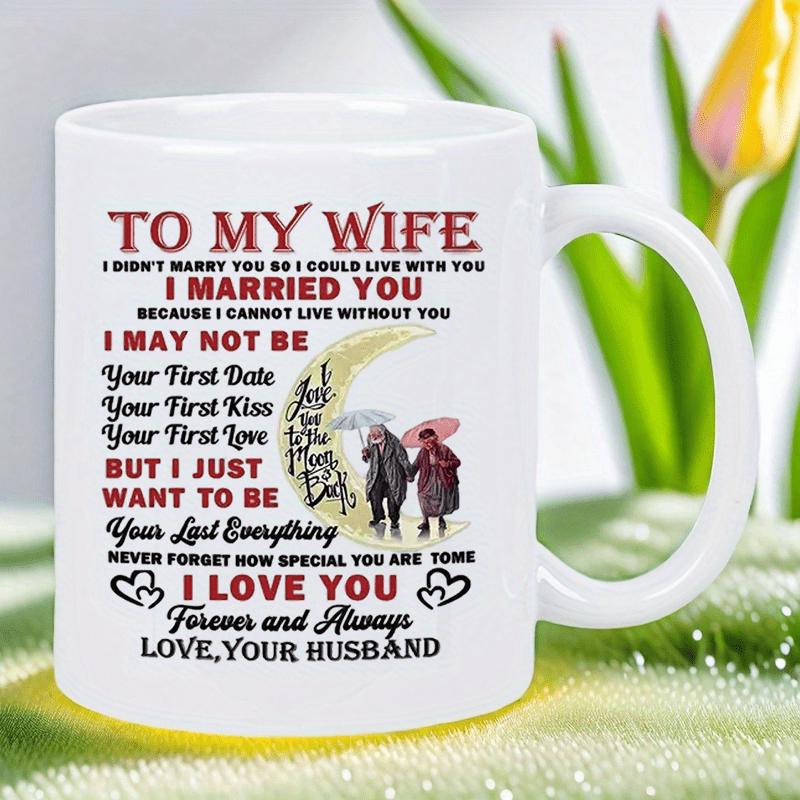 Tailorly White Ceramic 11 oz Mug - To My Wife I Married You I Love You Romantic Couple Walking Together Under Umbrella Beside A Crescent Moon