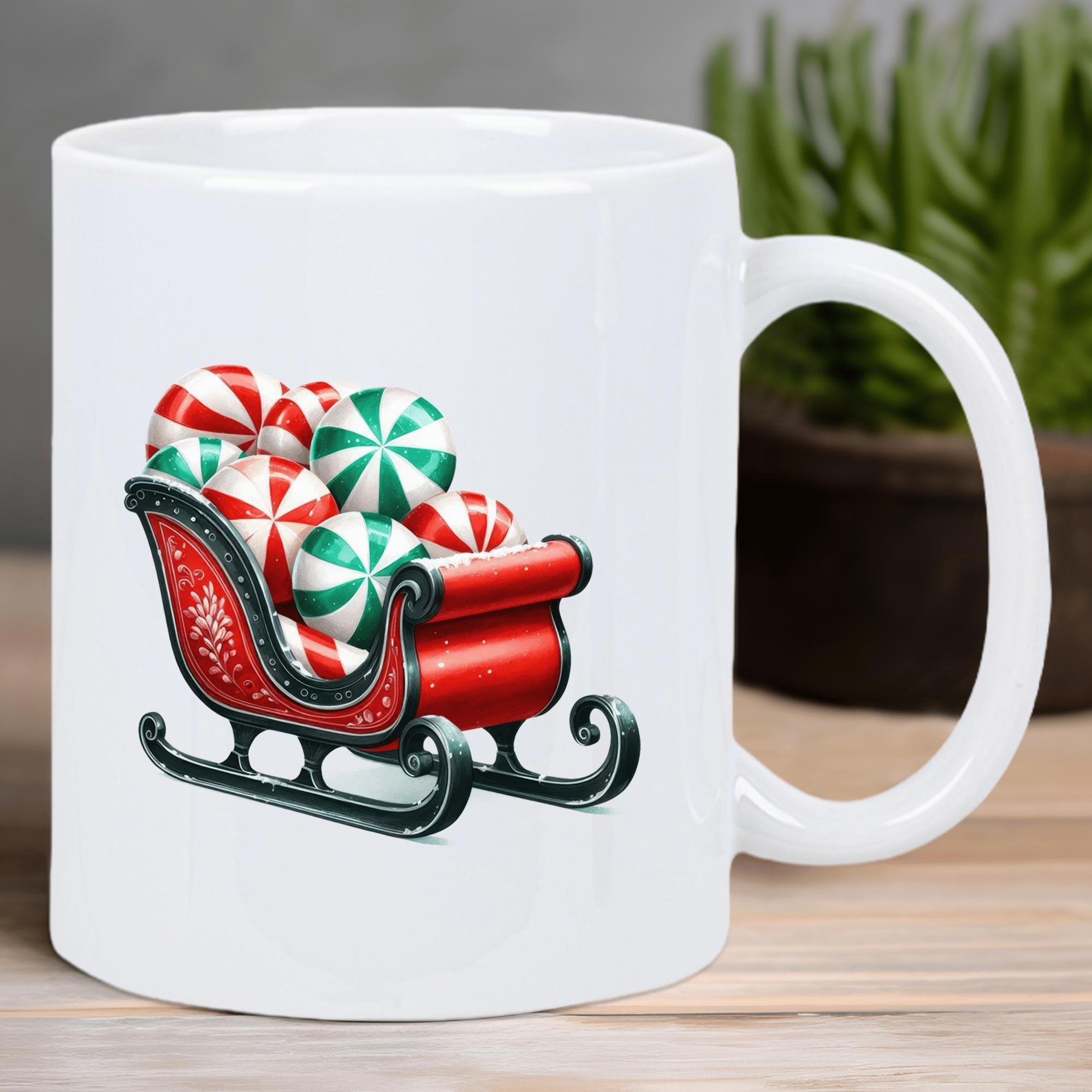 Tailorly White Ceramic 11 oz Mug - Festive Red Vintage Style Carrying Christmas Peppermint Balls Sleigh