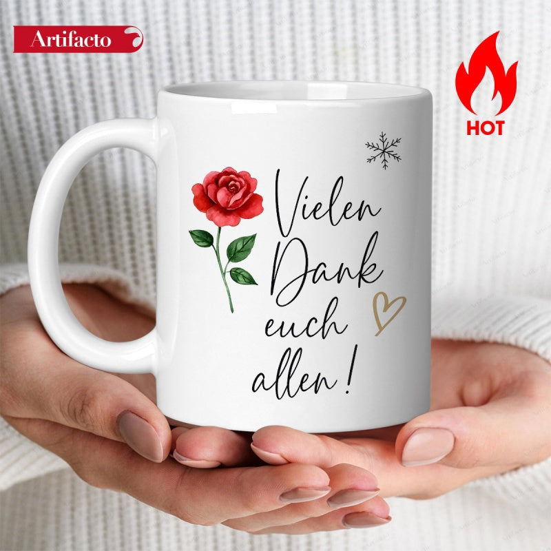 Tailorly White Ceramic 11 oz Mug - Vibrant Red Blooming Flower With Green Leaves And A Delicate Heart Rose