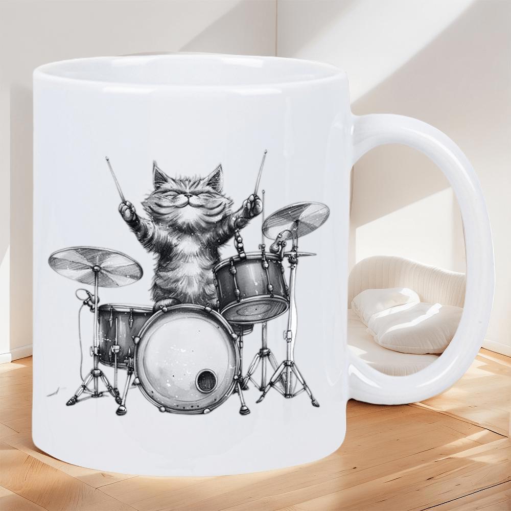 Tailorly White Ceramic 11 oz Mug - Artistic Hand Drawn Sketch Of A Cool Cat Playing Musical Drums Cat