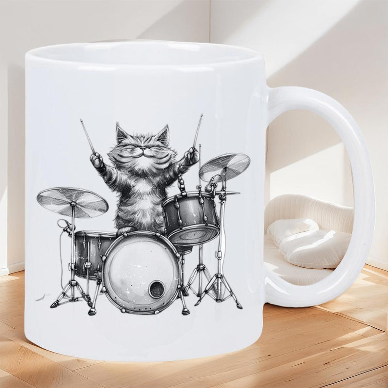 Tailorly White Ceramic 11 oz Mug - Artistic Hand Drawn Sketch Of A Cool Cat Playing Musical Drums Cat