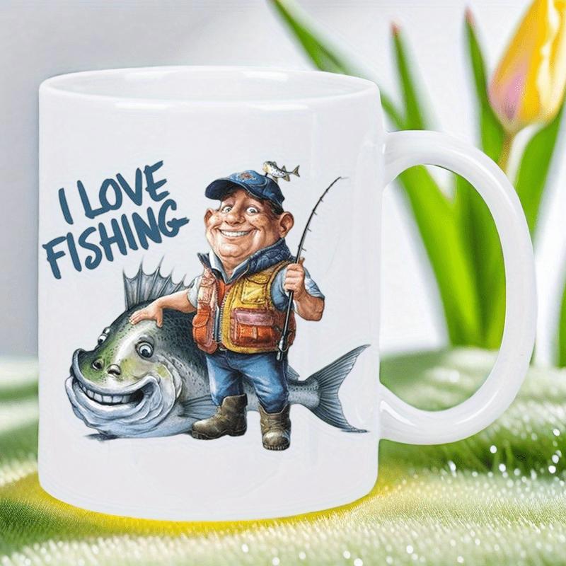 Tailorly White Ceramic 11 oz Mug - I Love Fishing Cheerful Cartoon Fisherman Holding Rod Next To A Large Smiling Fish Fisherman