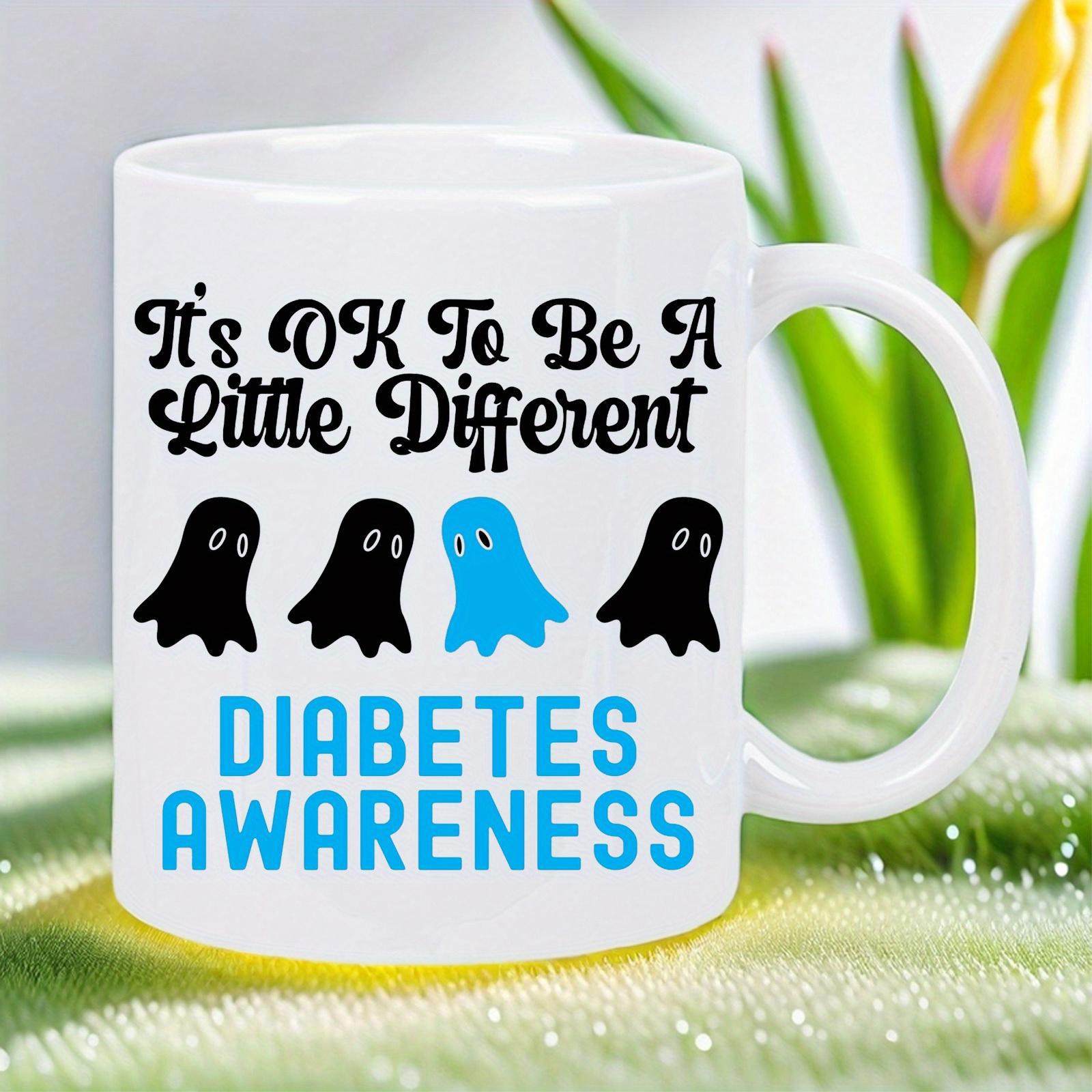 Tailorly White Ceramic 11 oz Mug - Its Ok To Be A Little Different Diabetes Awareness Playful Figures Standing In Line With One Blue Unique Small Ghost