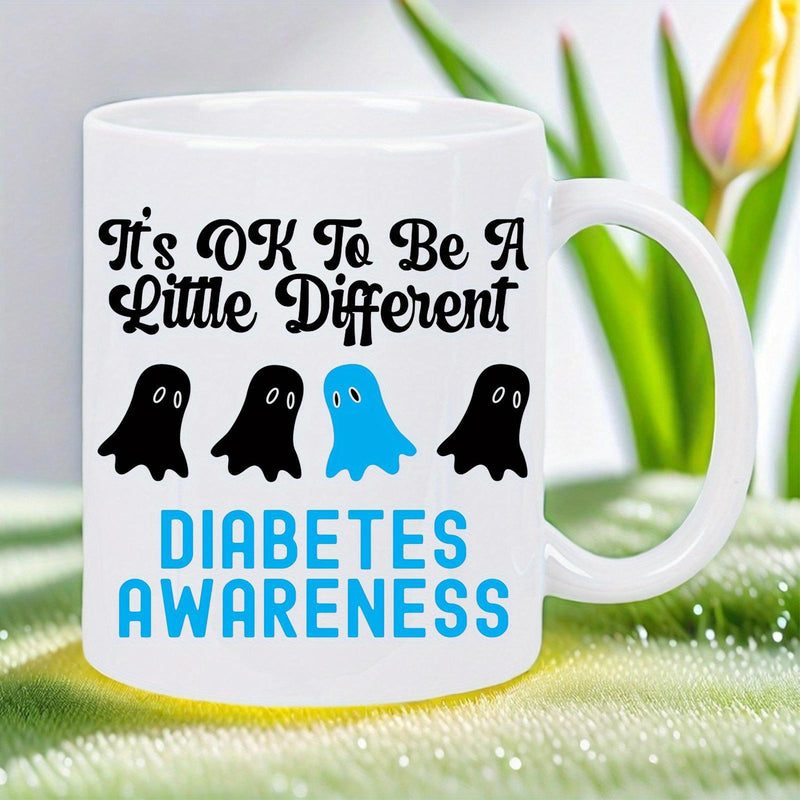 Tailorly White Ceramic 11 oz Mug - Its Ok To Be A Little Different Diabetes Awareness Playful Figures Standing In Line With One Blue Unique Small Ghost