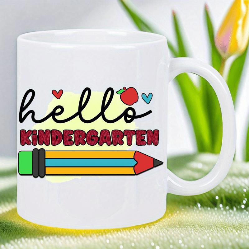 Tailorly White Ceramic 11 oz Mug - Hello Kindergarten Colorful School Supplies With Friendly Hearts And Ripe Red Apple Pencil
