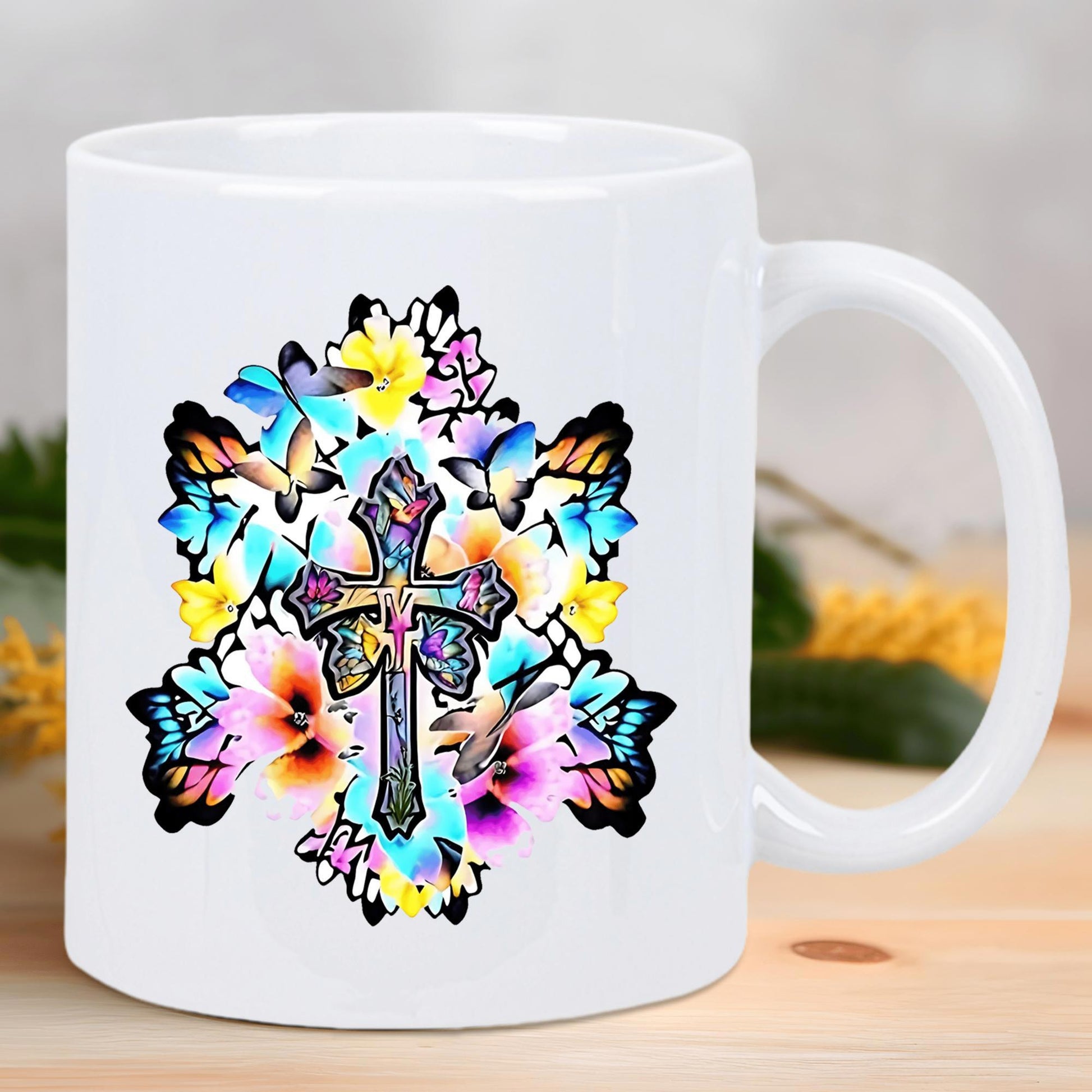 Tailorly White Ceramic 11 oz Mug - Vibrant Colorful Butterflies And Tropical Flowers Surrounding An Ornate Decorative Cross