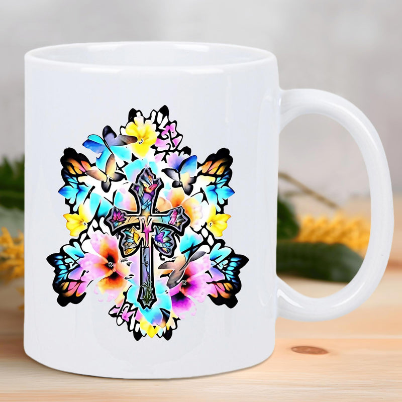 Tailorly White Ceramic 11 oz Mug - Vibrant Colorful Butterflies And Tropical Flowers Surrounding An Ornate Decorative Cross