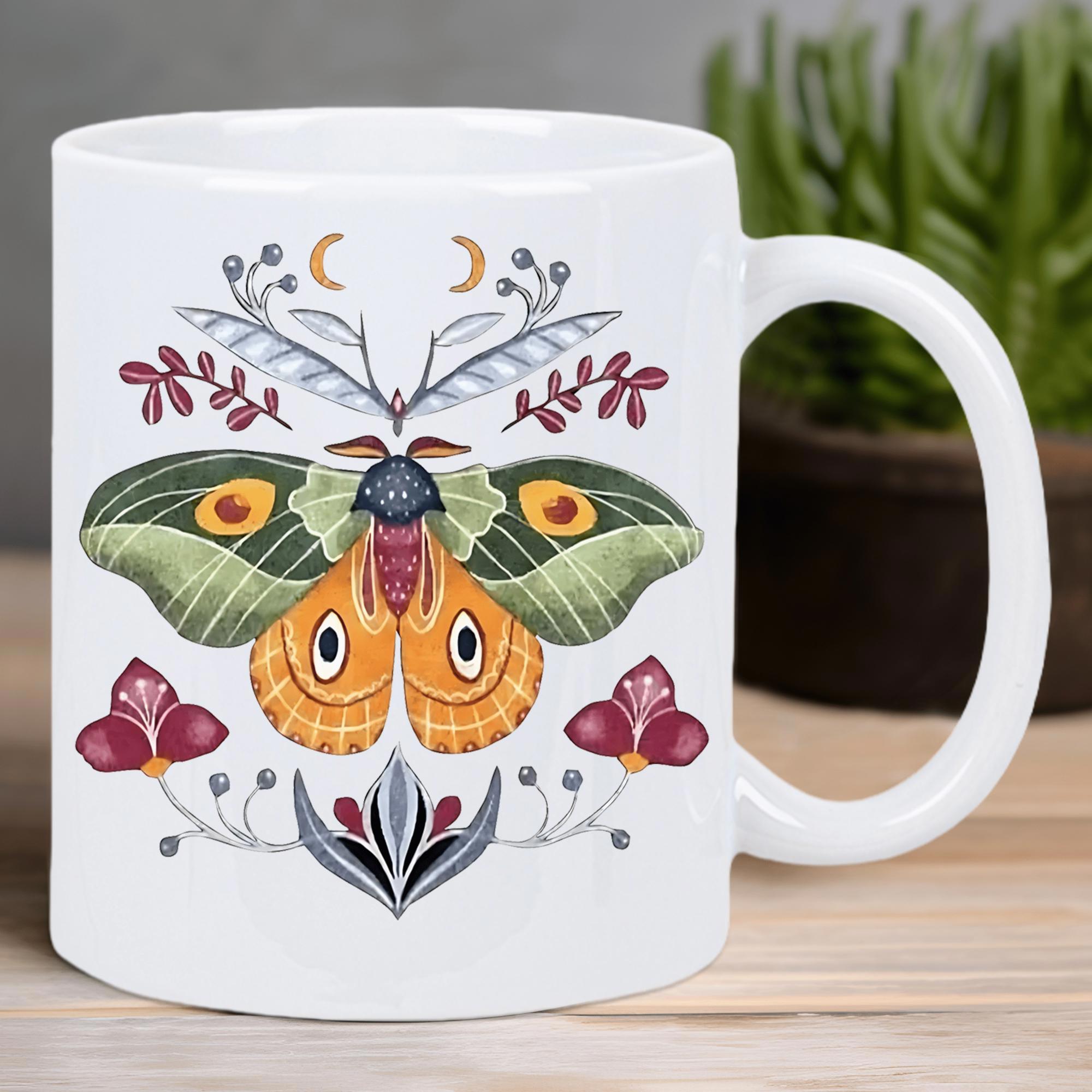 Tailorly White Ceramic 11 oz Mug - Intricate Symmetrical Moth With Colorful Wings Surrounded By Mystical Botanical Elements Moth