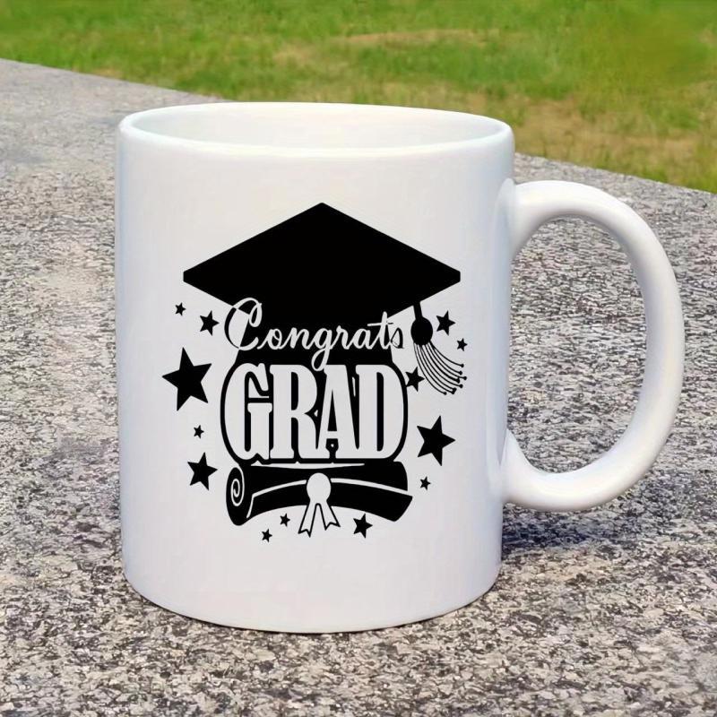 Tailorly White Ceramic 11 oz Mug - Congrats Grad Elegant Black Graduation Cap With Rolled Diploma And Stars Mug