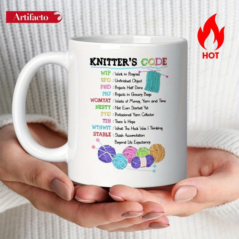 Tailorly White Ceramic 11 oz Mug - Knitter's Code Vibrant Hand Knit Wool Balls Floating Beneath Humorous Script Lettering Mug