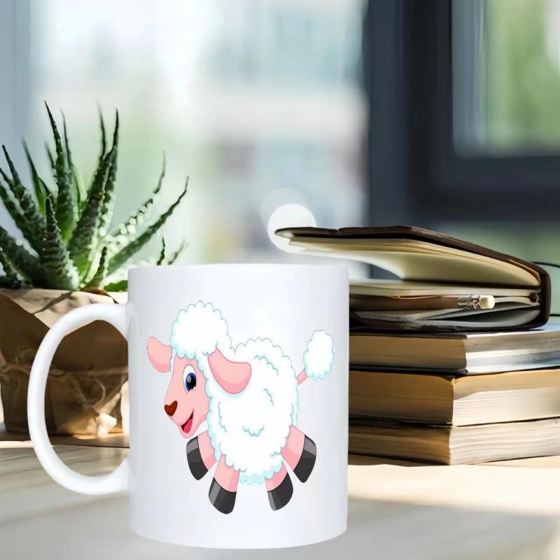 Tailorly White Ceramic 11 oz Mug - Adorable Fluffy Cartoon Character With Pink Face And Soft White Wool Lamb