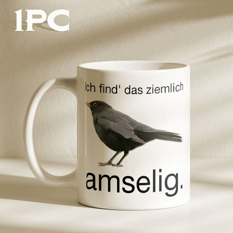 Tailorly White Ceramic 11 oz Mug - Realistic Black Songbird Resting On Minimalist Smooth White Background Blackbird