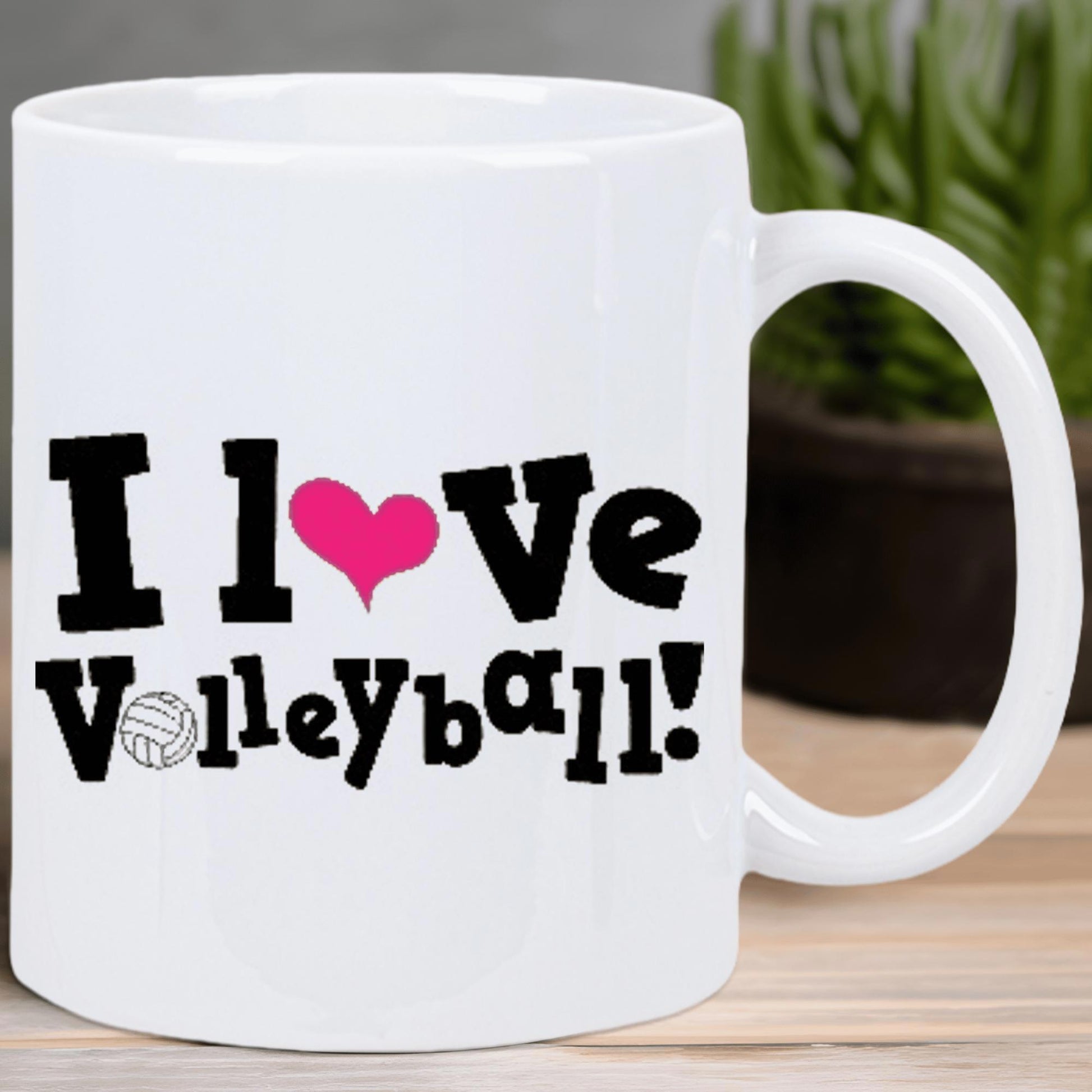 Tailorly White Ceramic 11 oz Mug - I Love Volleyball Bold Black Letters With Vibrant Pink Heart And Stylized Sports Volleyball