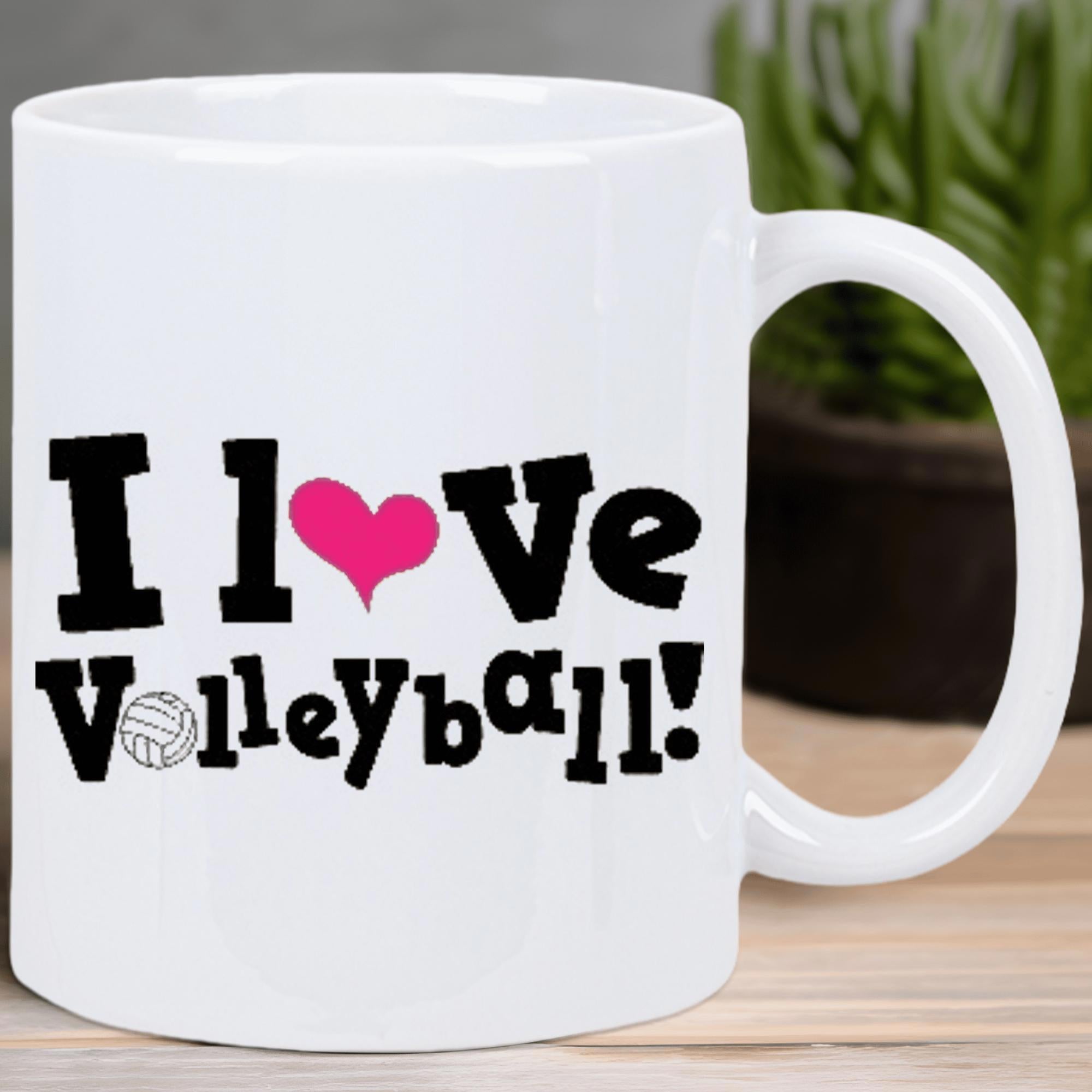 Tailorly White Ceramic 11 oz Mug - I Love Volleyball Bold Black Letters With Vibrant Pink Heart And Stylized Sports Volleyball