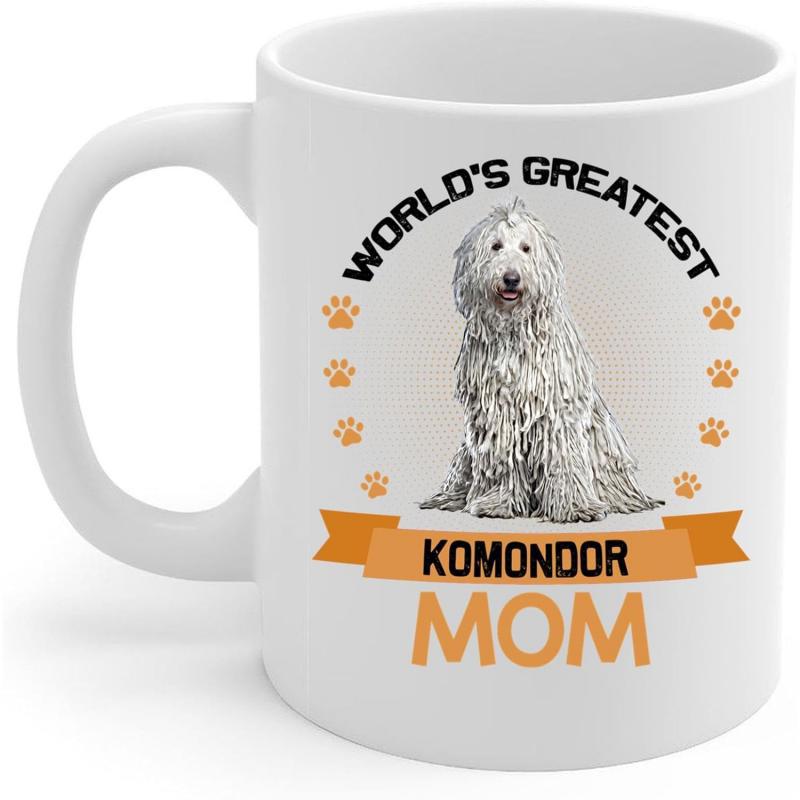 Tailorly White Ceramic 11 oz Mug - Worlds Greatest Komondor Mom Shaggy White Corded Dog Sitting Among Orange Paw Prints And Ribbon Komondor