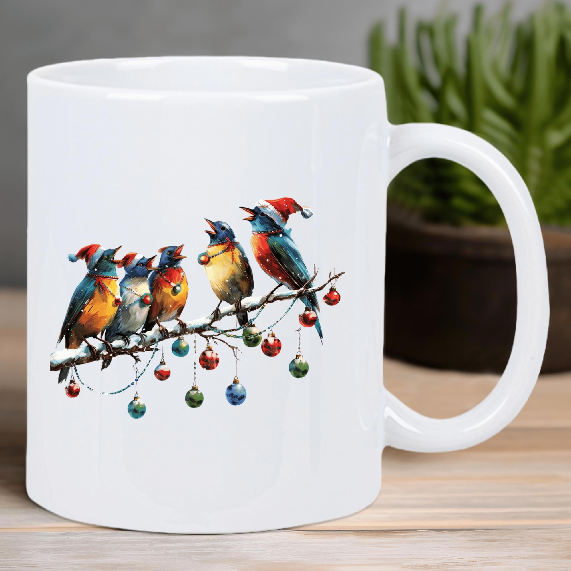 Tailorly White Ceramic 11 oz Mug - Colorful Festive Creatures Wearing Red Santa Hats Perched On Snowy Branches Bird