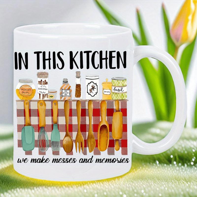 Tailorly White Ceramic 11 oz Mug - In This Kitchen We Make Messes And Memories Assorted Wooden Spoons And Jars Over A Red Checkered Pattern Kitchen
