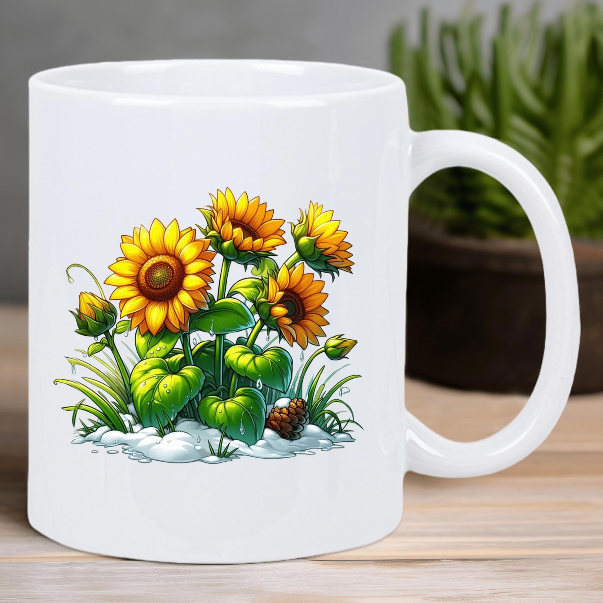 Tailorly White Ceramic 11 oz Mug - Bright Yellow Flowers Blooming From The Cold Winter Snow Sunflower