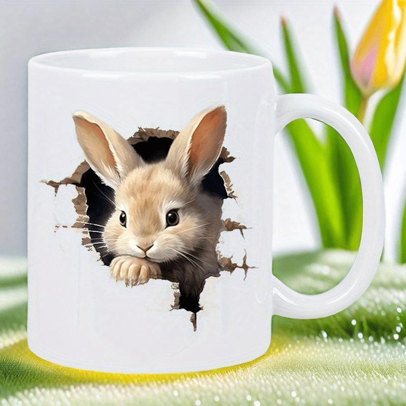 Tailorly White Ceramic 11 oz Mug - Adorable Fluffy Peeking Through A Broken Wall Effect Surface Rabbit