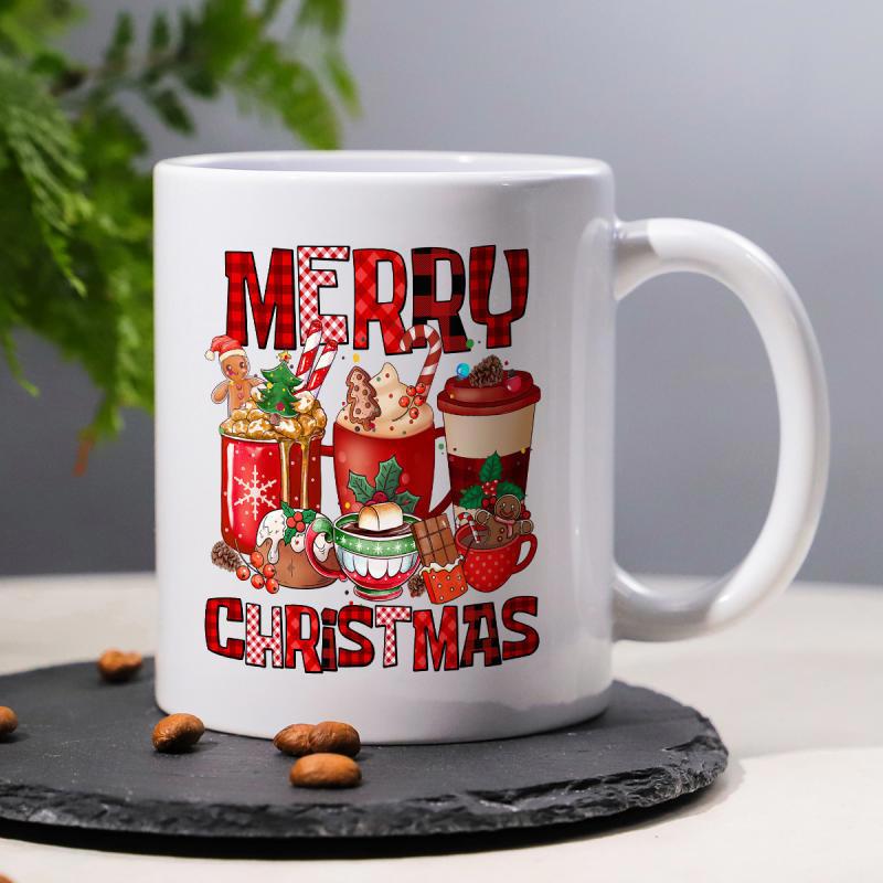 Tailorly White Ceramic 11 oz Mug - Merry Christmas Festive Holiday Drinks With Buffalo Plaid Letters And Gingerbread Cookies Mug