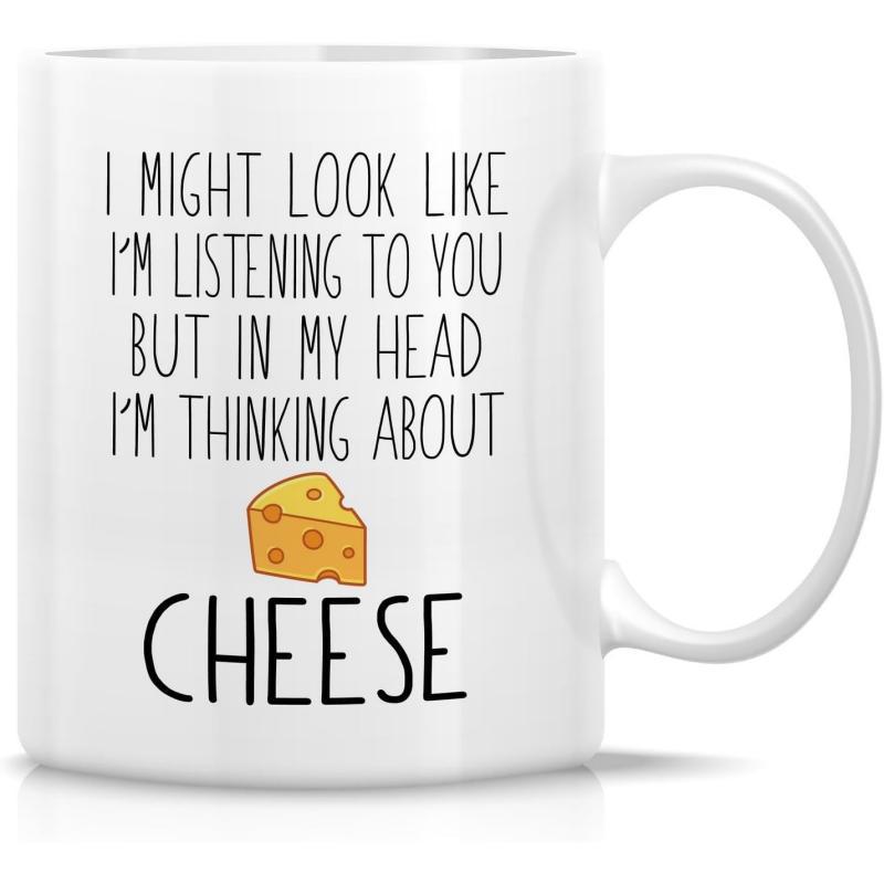 Tailorly White Ceramic 11 oz Mug - I Might Look Like Im Listening To You But In My Head Im Thinking About Cheese Minimalist Yellow Swiss Wedge Sitting Below Simple