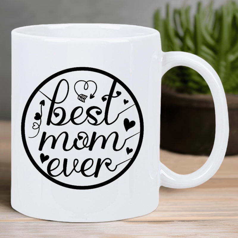 Tailorly White Ceramic 11 oz Mug - Best Mom Ever Circular Frame Decorated With Elegant Hearts And Swirling Arrows Design Mug
