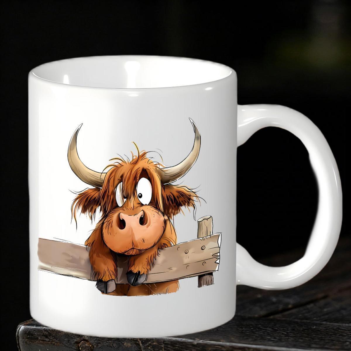 Tailorly White Ceramic 11 oz Mug - Shaggy Brown Fur With Curved Horns Peering Over A Rustic Wooden Fence Cow