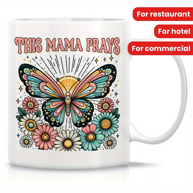 Tailorly White Ceramic 11 oz Mug - This Mama Prays Vibrant Winged Insect Among Colorful Blooming Daisies Under Radiant Golden Sunbeams Butterfly
