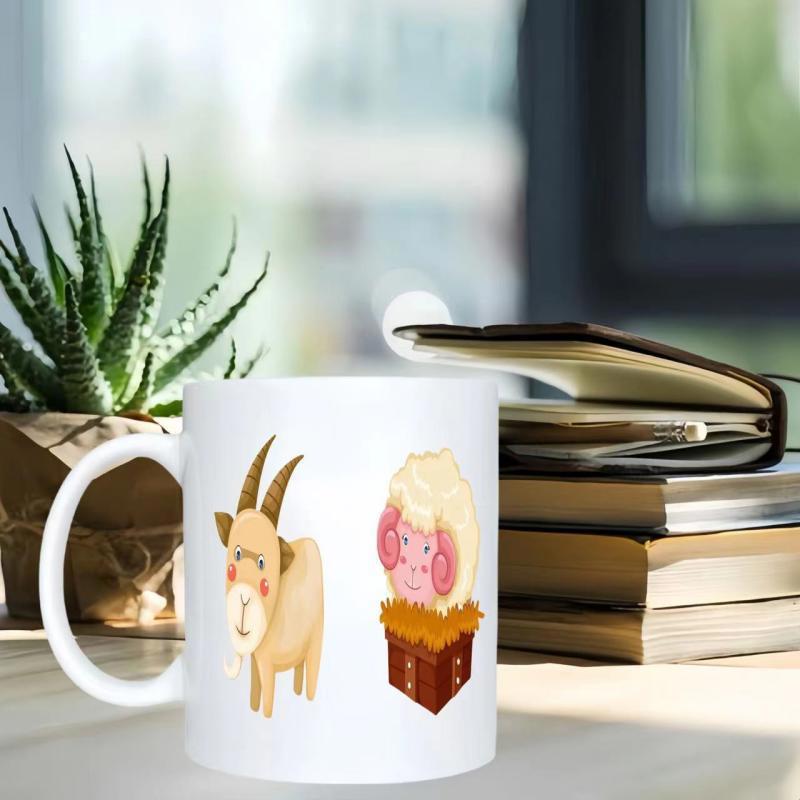 Tailorly White Ceramic 11 oz Mug - Hand Drawn Style Farm Animals Standing Together Under Bright Sunny Atmosphere Goat